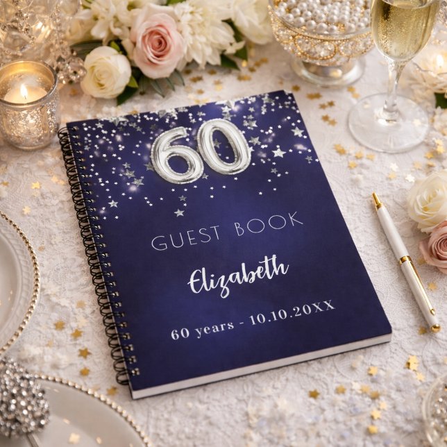 Gästbok 60-årsdag marinblå silverstjärnor anteckningsbok (Skapare uppladdad)