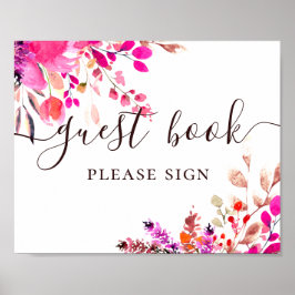 Gästbok. Akvarell rosa blommig script bröllop Poster