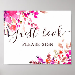 Gästbok. Akvarell rosa blommig script bröllop Poster