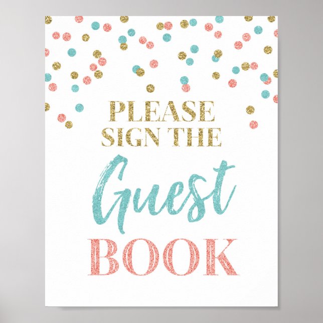Gästbok Bröllopsskylt Guld Teal Korall Konfetti Poster (Framsidan)