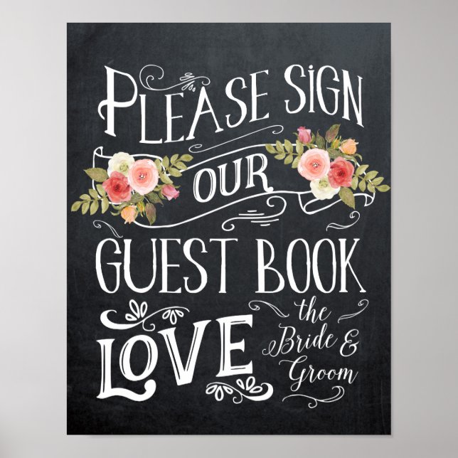 gästbok bröllopsskylt typografi floral poster (Framsidan)