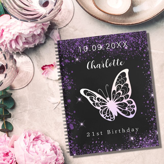 Gästbok födelsedag svart lila glitter butterfly anteckningsbok (Skapare uppladdad)