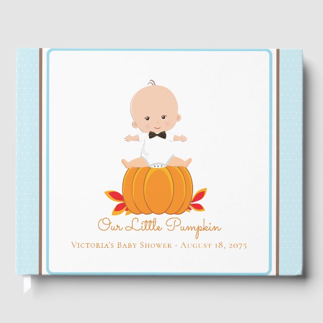 Gästbok för baby shower med liten pojke och pumpa (Framsida)