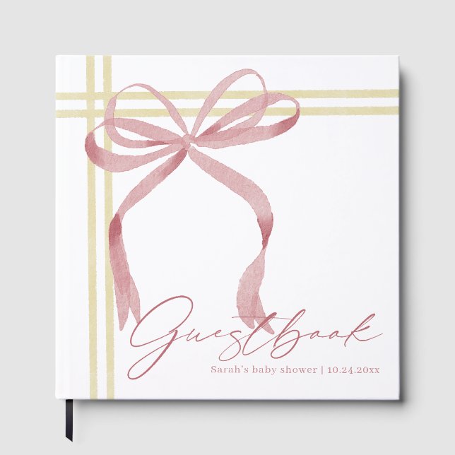 Gästbok för baby shower med mjuk rosa rosett (Framsida)