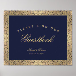 Gästbok Marinblå Guldröda Rosor Bröllopsskylt Poster