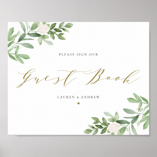 Gästbok med akvarellgrönska och vita blommor poster (Framsidan)
