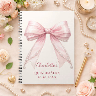 Gästbok Quinceanera rosa rosett elfenbenspärlor Anteckningsbok