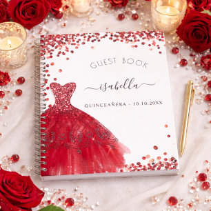Gästbok Quinceanera vit röd klänning glitter Anteckningsbok