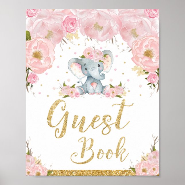 Gästbok Rosa Blommig Elefant Bebis Shower Skylt (Framsidan)