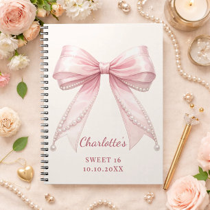 Gästbok Sweet 16 rosa rosett elfenbenspärlor Anteckningsbok