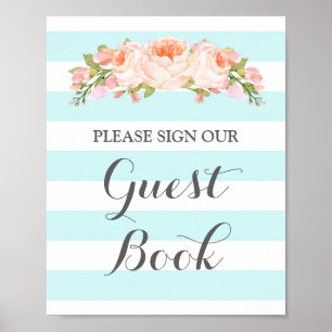 Gästbok Tecken Vintage Blå Blommor Ränder Poster