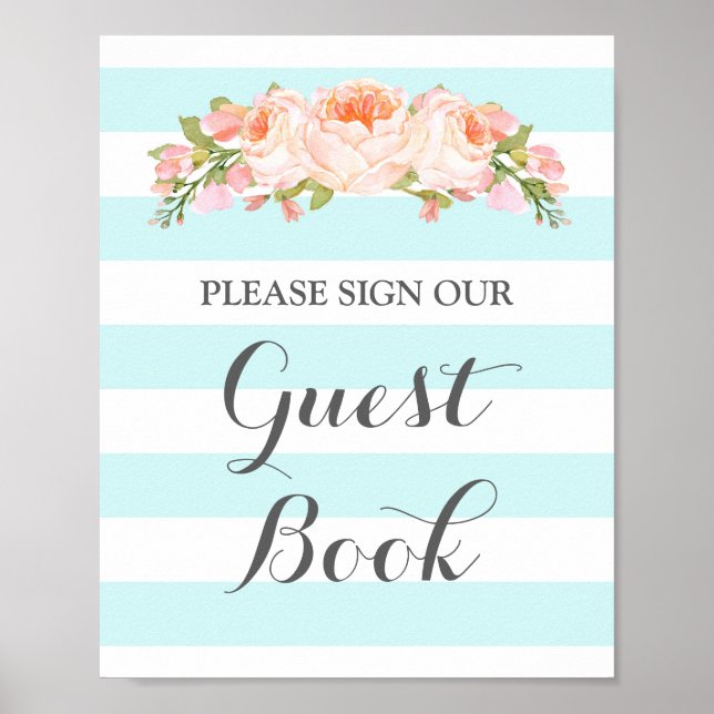 Gästbok Tecken Vintage Blå Blommor Ränder Poster (Framsidan)