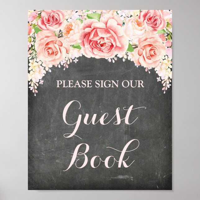 Gästbokssida Rosa akvarellblommor Kritskrifttavla Poster (Framsidan)
