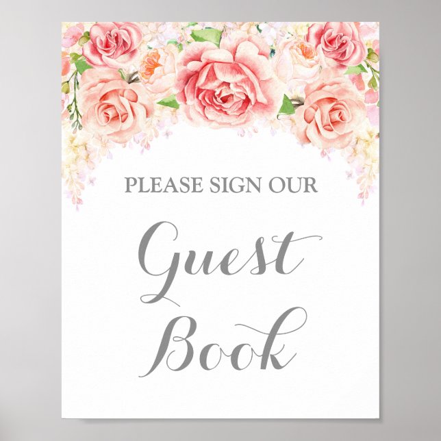 Gästbokssida Rosa Vattenfärg Blommor Poster (Framsidan)