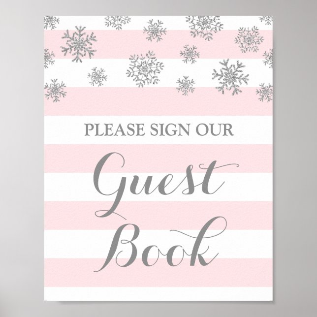 Gästbokssköld Silver Snö Rosa Ränder Poster (Framsidan)