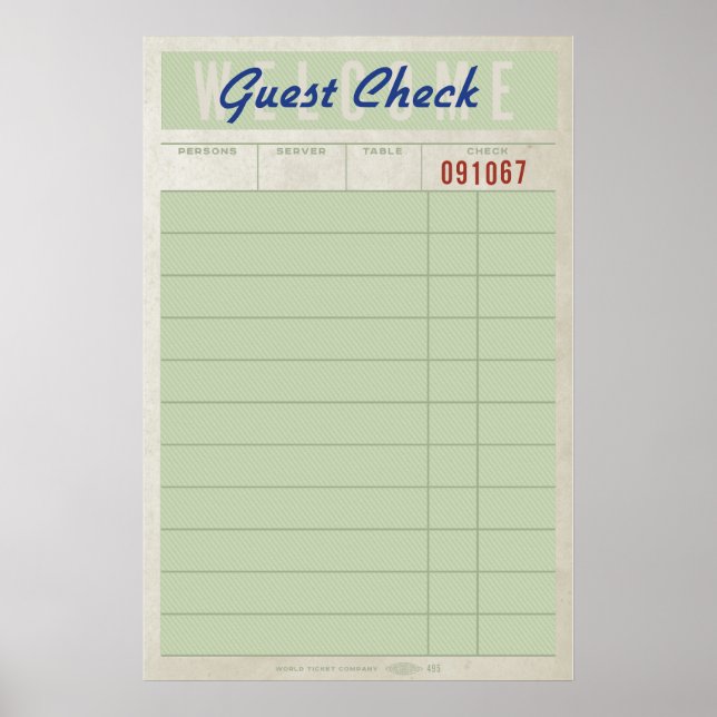 Gästcheckning – Vintage Diner Kvitto Väggkonsttryc Poster (Framsidan)