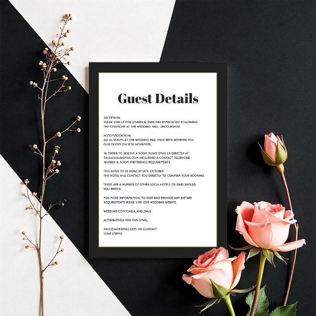 Gästinfo för modern svart och vit geometrisk Bröll Tilläggskort (Modern Black & White Geometric Wedding Guest Info Enclosure Card)