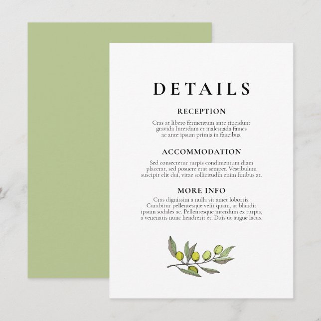 Gästinformation för Modern Olive gren bröllop Tilläggskort (Fram/baksida)
