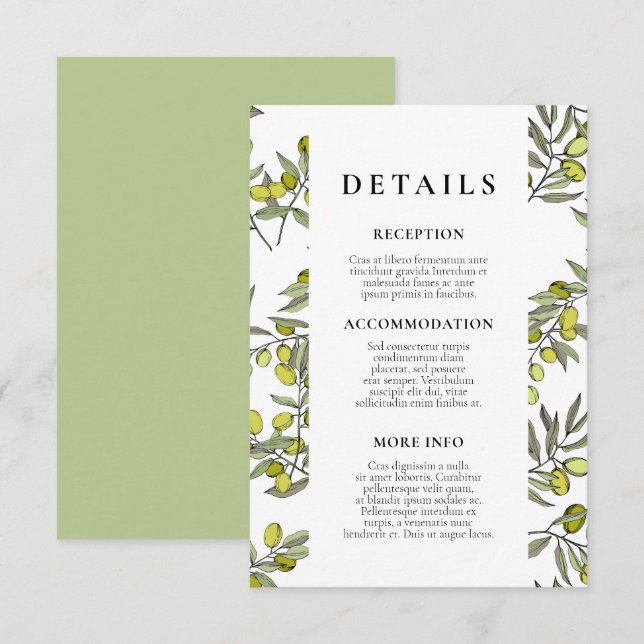 gästinformation om Olive gren mönster bröllop Tilläggskort (Fram/baksida)