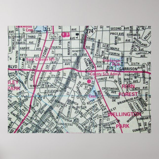 Gastonia, NC Vintage Karta Poster (Framsidan)