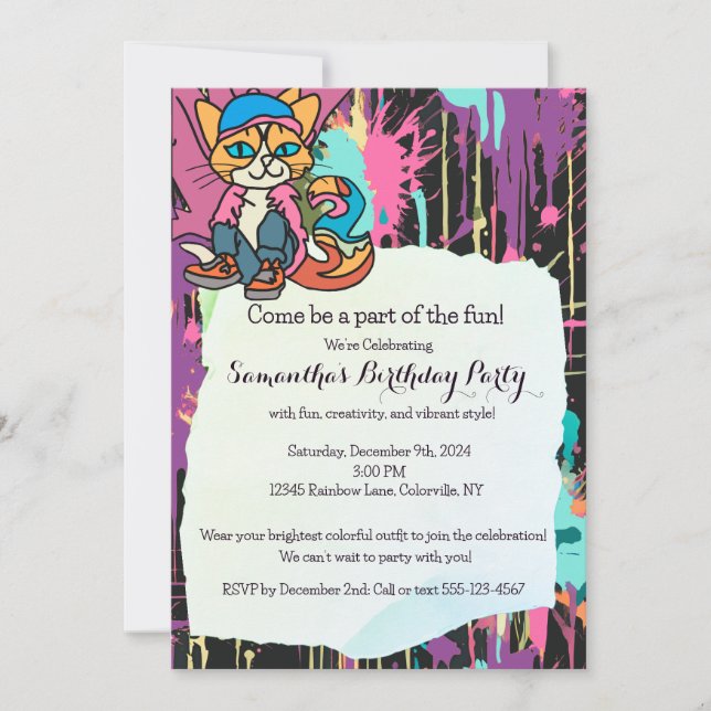 Gata Retro Cat, Cap och Sneakers| Funny Inbjudningar (Framsida)