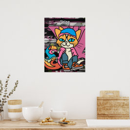 Gata Retro Cat, Cap och Sneakers| Funny Poster