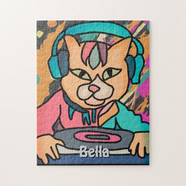 Gata Retro Cat med hörlurar | Funny Pussel (Vertikal)