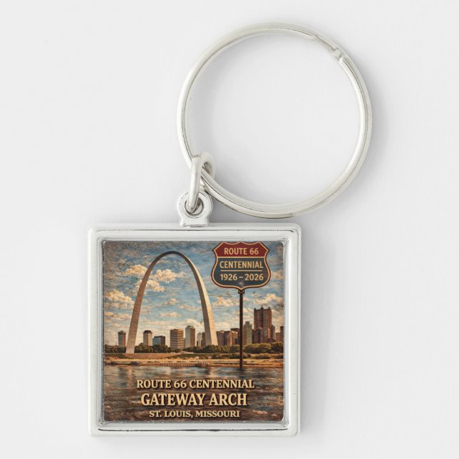 Gateway Arch Route 66 Centennial Nycklar Fyrkantig Silverfärgad Nyckelring (Framsidan)