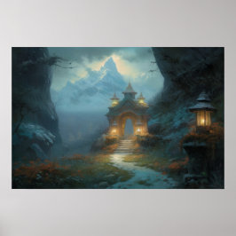 Gatewayen väg mot helig vid ett bergspass poster
