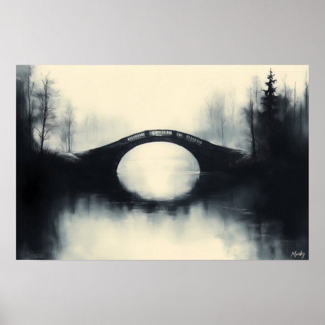 Gåtfull bro bland dimmiga reflektioner i B&W Poster (Framsidan)