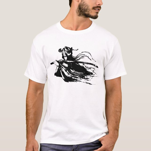 Gåtfull Samuraj: Rävmask och Blodig Katana T Shirt (Framsida)