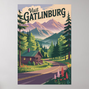 Gatlinburg Tennessee Stuga Resa Konst Vintage Poster