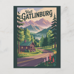 Gatlinburg Tennessee stuga resekonst vintage Vykort