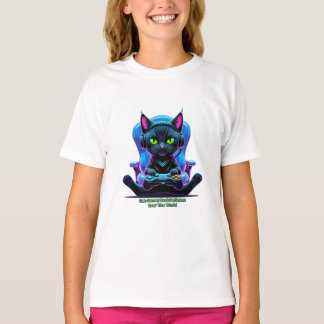 Gato gamer futurista con joystick y actitud felina t shirt