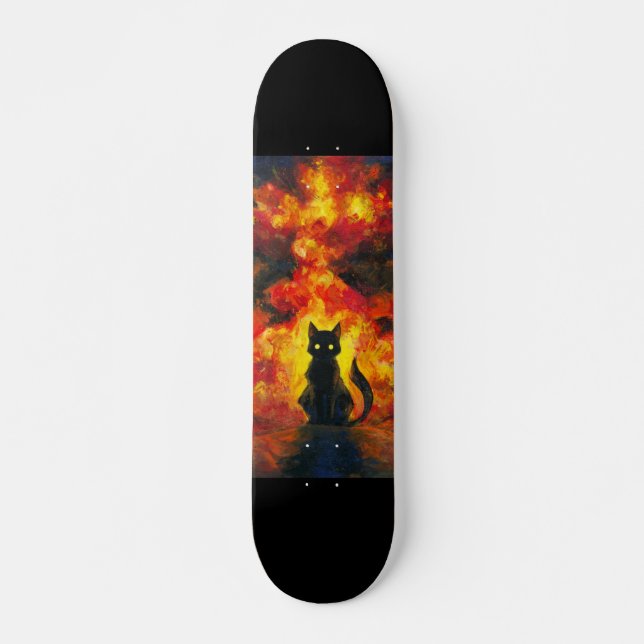Gato Negro en Estilo Acuarela con Fondo Llameante Mini Skateboard Bräda 18,5 Cm (Framsida)