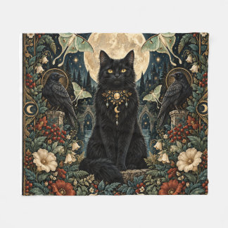 Gato Negro Gótico Celestial con Luna y Cuervos. Fleecefilt