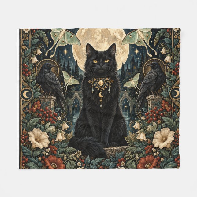 Gato Negro Gótico Celestial con Luna y Cuervos. Fleecefilt (Framsidan (Horisontell))