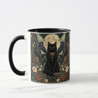 Gato Negro Gótico Celestial con Luna y Cuervos. Mugg