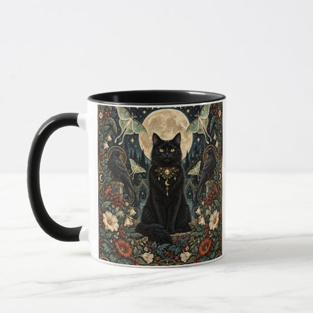 Gato Negro Gótico Celestial con Luna y Cuervos. Mugg (Vänster)
