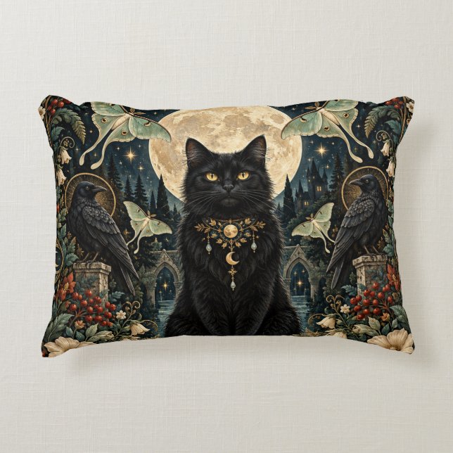 Gato Negro Gótico Celestial con Luna y Cuervos Prydnadskudde (Framsidan)