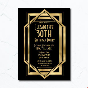 Gatsby 1920-talets Art Deco Black GULD 30ÅRS FÖD Inbjudningar