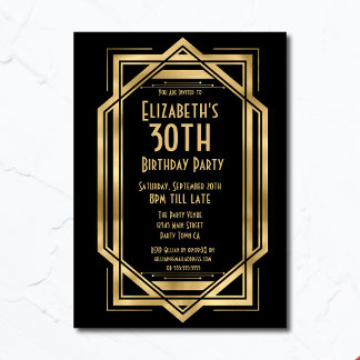 Gatsby 1920-talets Art Deco Black | GULD 30ÅRS FÖD Inbjudningar