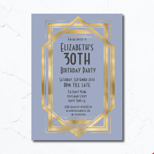 Gatsby 1920-talets Art Deco Blue GULD 30ÅRS FÖDE Inbjudningar