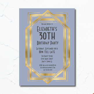 Gatsby 1920-talets Art Deco Blue | GULD 30ÅRS FÖDE Inbjudningar