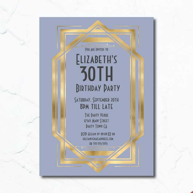 Gatsby 1920-tals Art Deco Blå | Guld 30-årsdag Inbjudningar (Skapare uppladdad)
