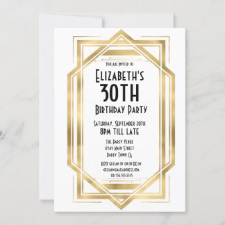 Gatsby 1920-tals Art Deco Vit | Guld 30-årsfirande Inbjudningar