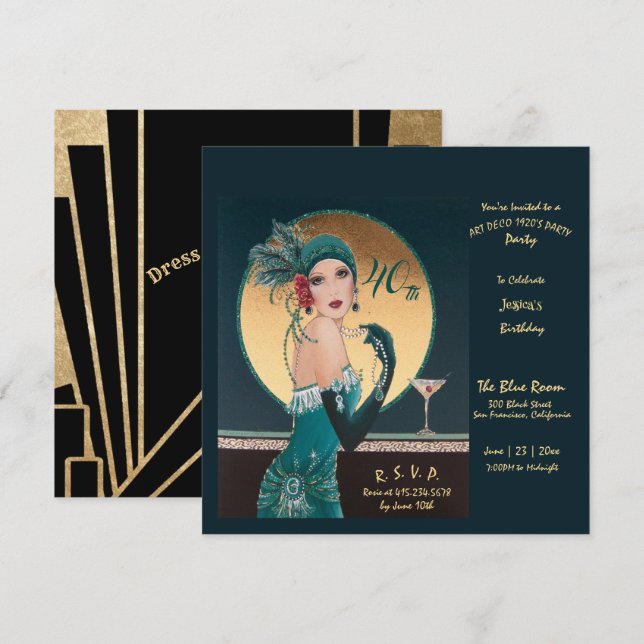 Gatsby Art Deco 40:e födelsedagsinbjudan Inbjudningar (Fram/baksida)