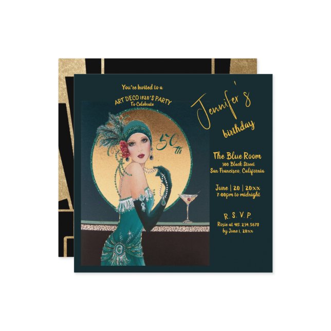 Gatsby Art Deco 50:e Födelsedagsfest inbjudan (Fram/Back In Situ)