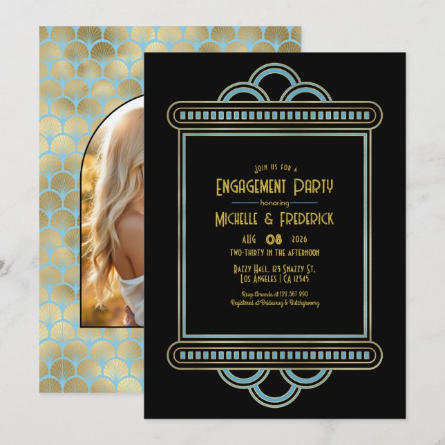 Gatsby Art Deco Blå & Guld Förlovningsfest Foto Inbjudningar (Fram/baksida)