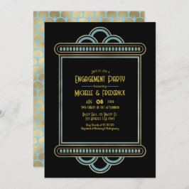 Gatsby Art Deco Blue & Gold Engagement Party Photo Inbjudningar